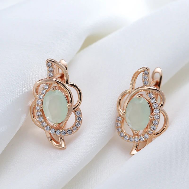 Contemporary Emerald Oval Cut Zircon Flower Drop Earrings in 585 Rose Gold Finish