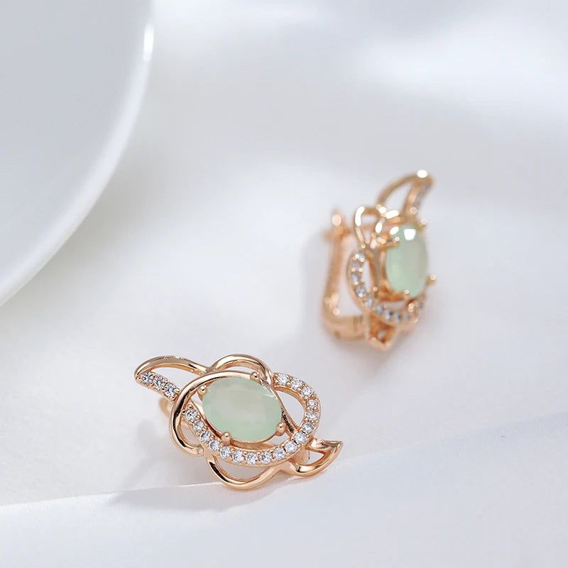 Contemporary Emerald Oval Cut Zircon Flower Drop Earrings in 585 Rose Gold Finish