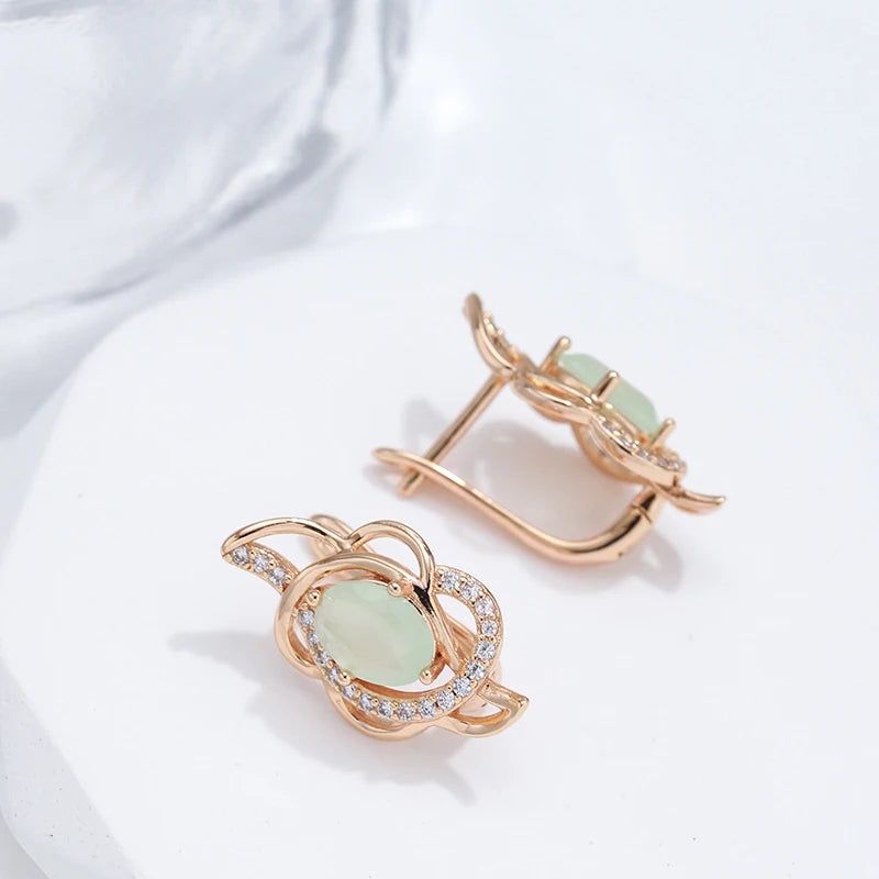 Contemporary Emerald Oval Cut Zircon Flower Drop Earrings in 585 Rose Gold Finish