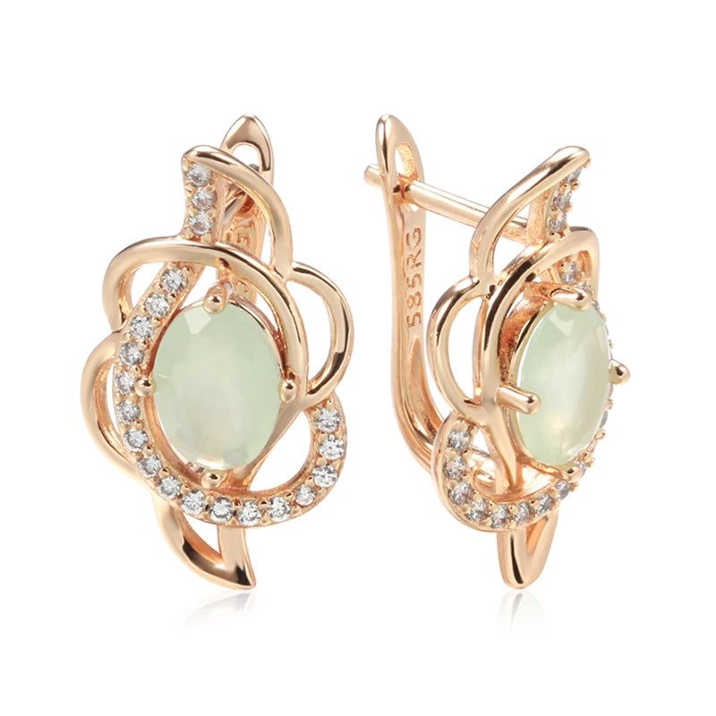 Contemporary Emerald Oval Cut Zircon Flower Drop Earrings in 585 Rose Gold Finish