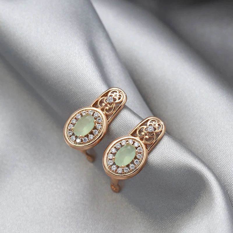 Contemporary Emerald Oval Zircon Drop Earrings in 585 Rose Gold - Luxe Crystal Floral Design