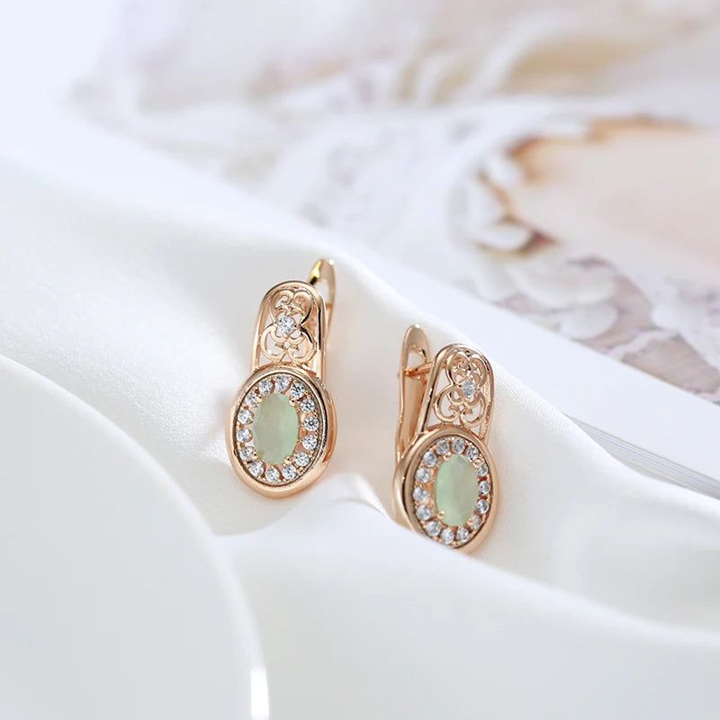 Contemporary Emerald Oval Zircon Drop Earrings in 585 Rose Gold - Luxe Crystal Floral Design