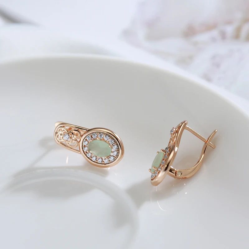 Contemporary Emerald Oval Zircon Drop Earrings in 585 Rose Gold - Luxe Crystal Floral Design