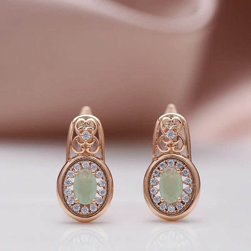 Contemporary Emerald Oval Zircon Drop Earrings in 585 Rose Gold - Luxe Crystal Floral Design