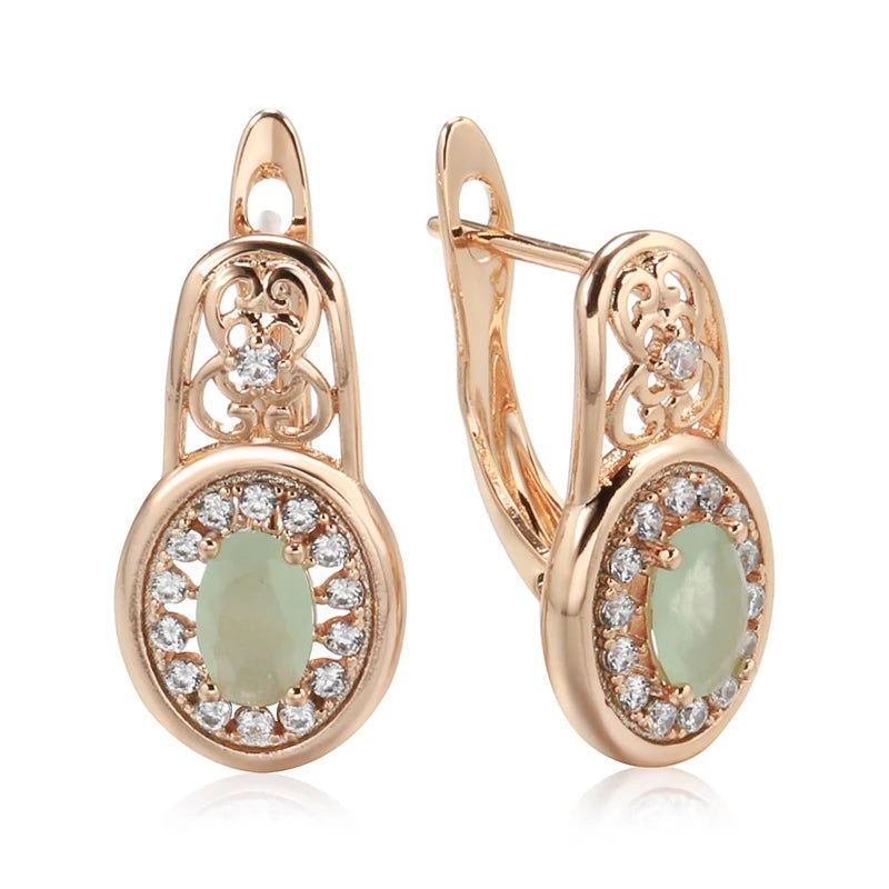 Contemporary Emerald Oval Zircon Drop Earrings in 585 Rose Gold - Luxe Crystal Floral Design