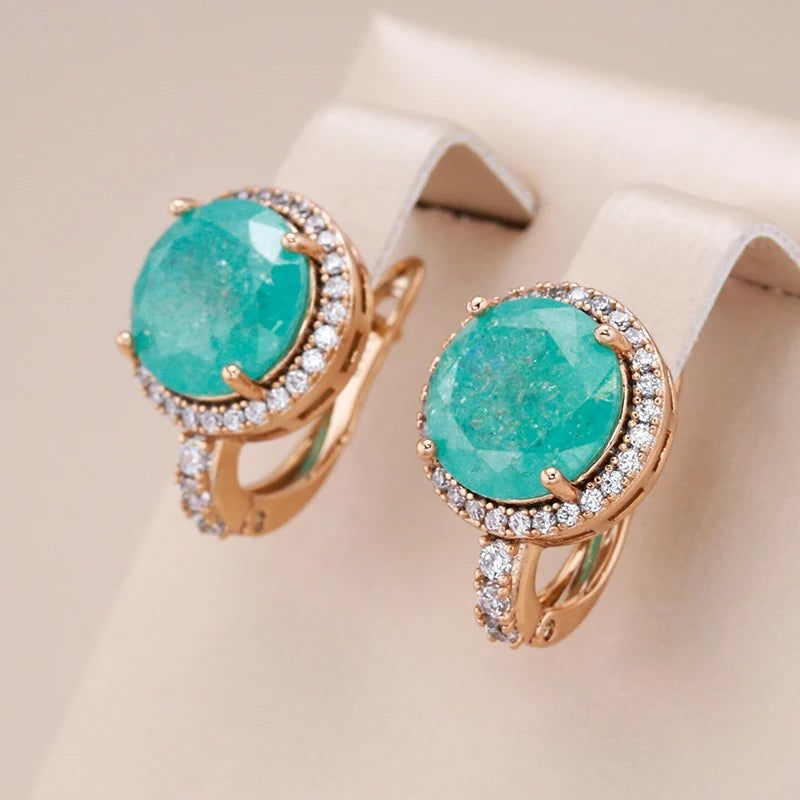 Contemporary Emerald Round Cut Zircon Drop Earrings in Luxurious 585 Rose Gold Finish