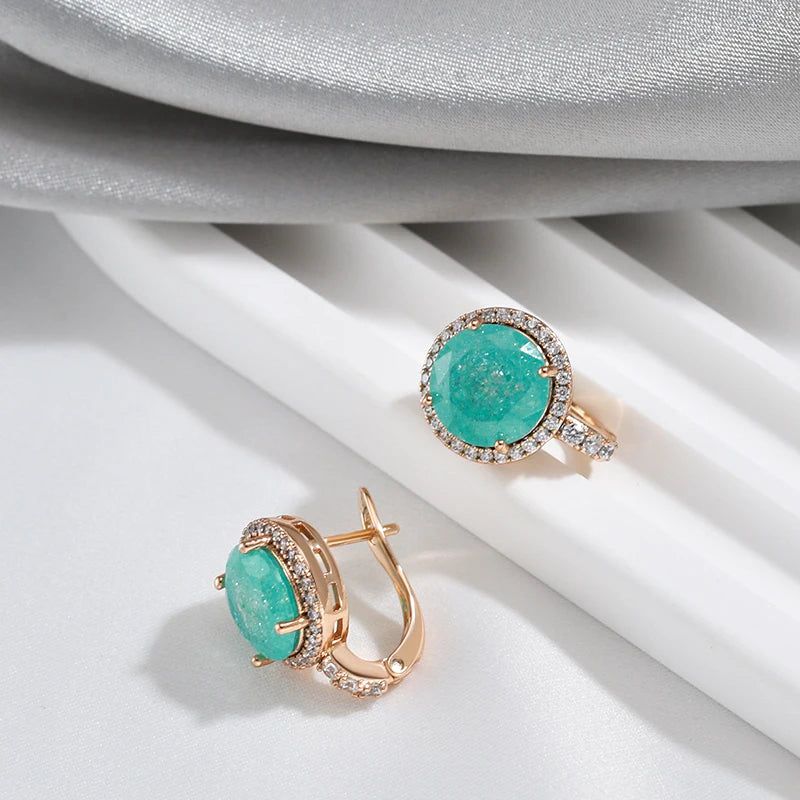 Contemporary Emerald Round Cut Zircon Drop Earrings in Luxurious 585 Rose Gold Finish