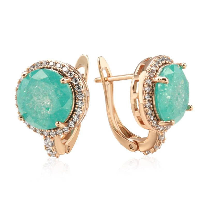 Contemporary Emerald Round Cut Zircon Drop Earrings in Luxurious 585 Rose Gold Finish