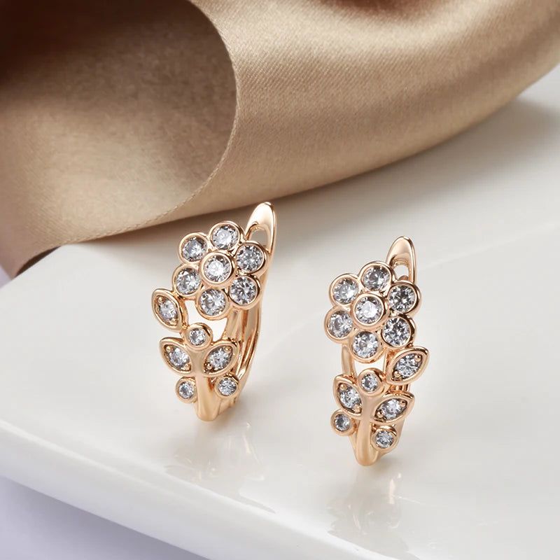 Creative Floral Dangle Earrings in 585 Rose Gold with Natural Zircon Stones - Trendy Fashion Jewelry