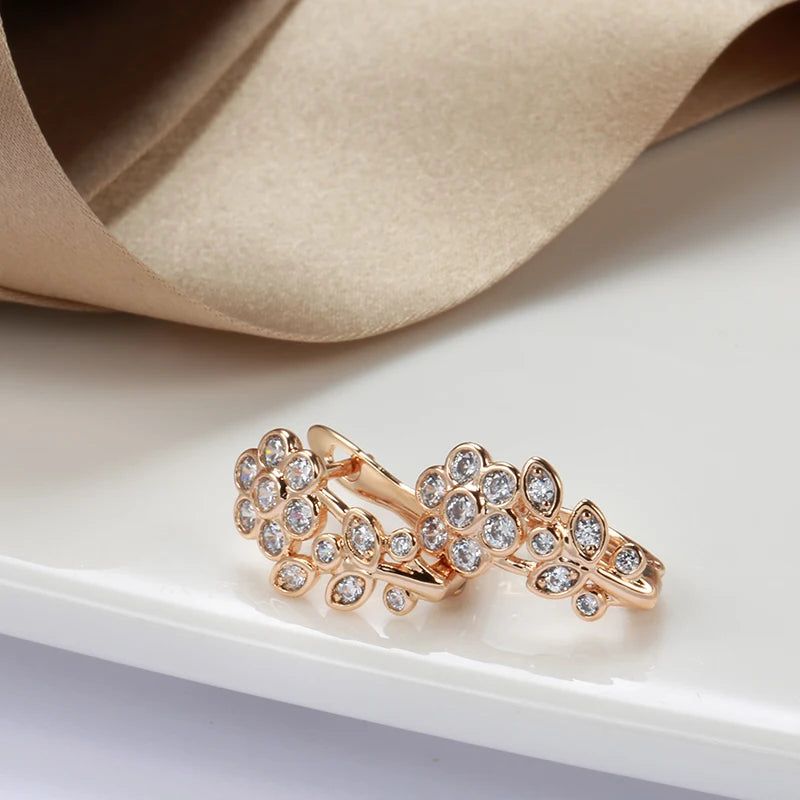 Creative Floral Dangle Earrings in 585 Rose Gold with Natural Zircon Stones - Trendy Fashion Jewelry