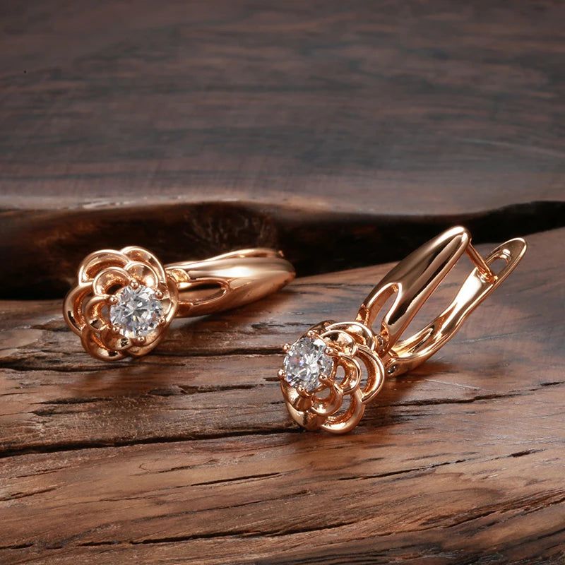 Creative Rose Gold Floral Drop Earrings with Natural Zircon Accents