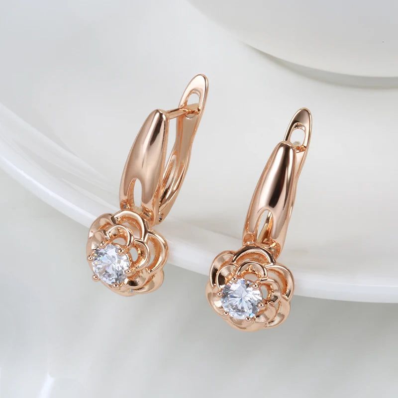 Creative Rose Gold Floral Drop Earrings with Natural Zircon Accents