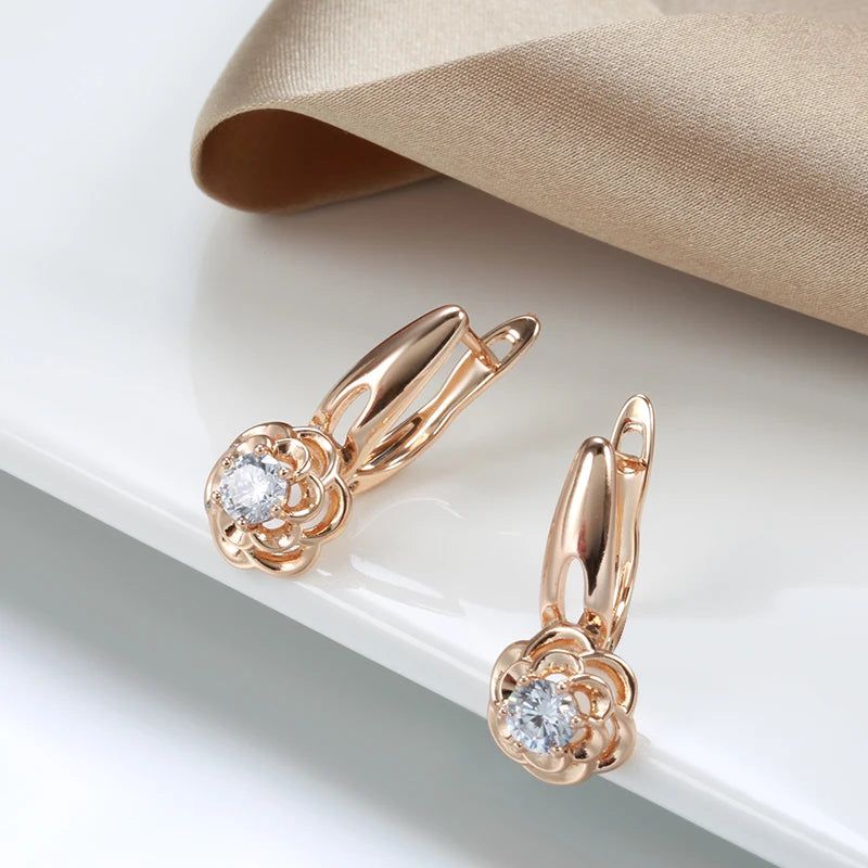 Creative Rose Gold Floral Drop Earrings with Natural Zircon Accents