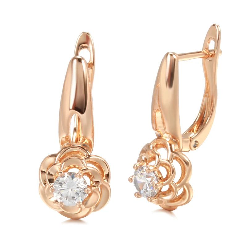 Creative Rose Gold Floral Drop Earrings with Natural Zircon Accents