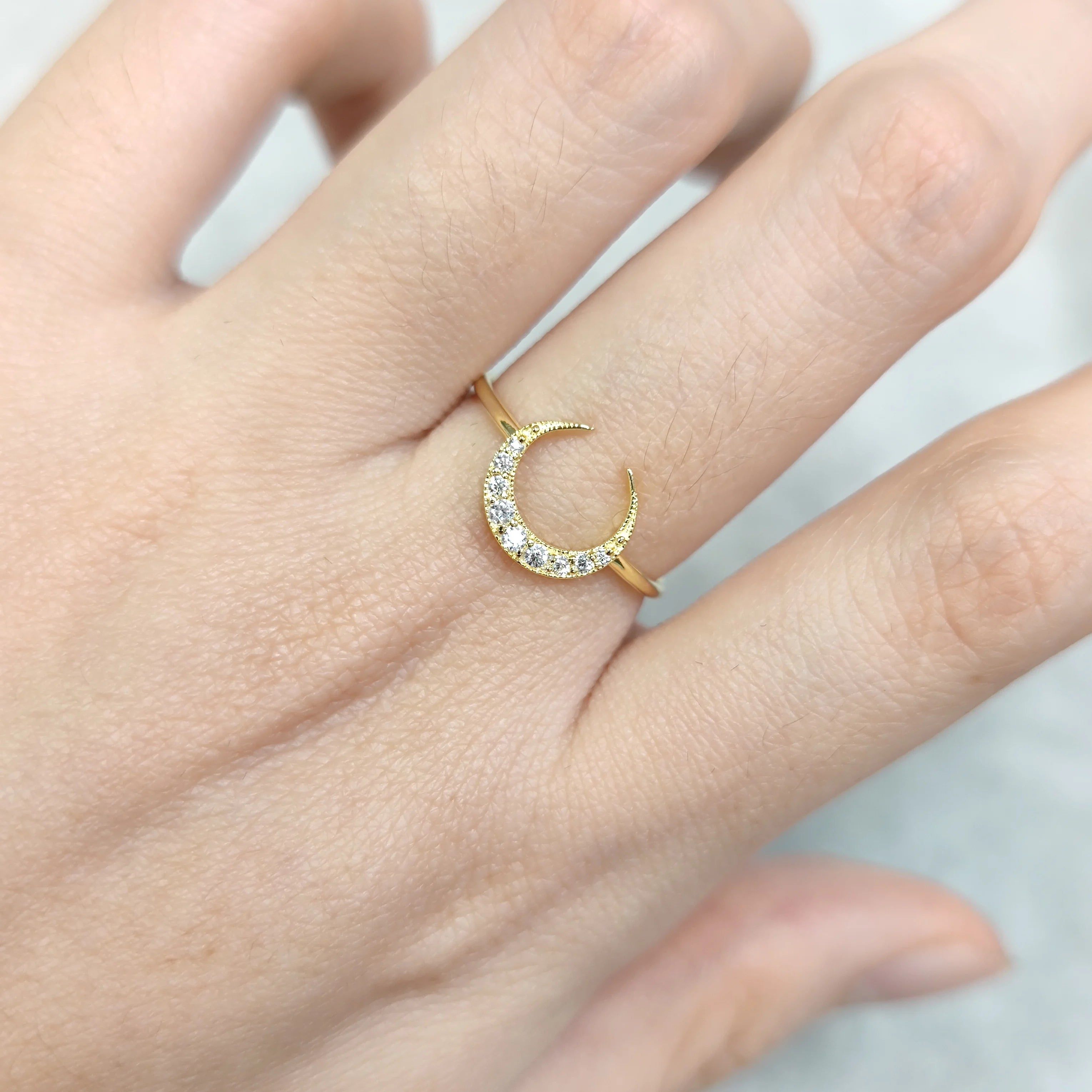 Crescent Moon Ring 14K Gold Plated Moissanite Ring for Her