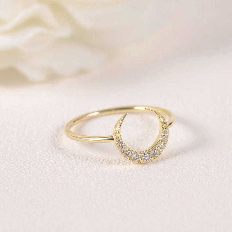 Crescent Moon Ring 14K Gold Plated Moissanite Ring for Her