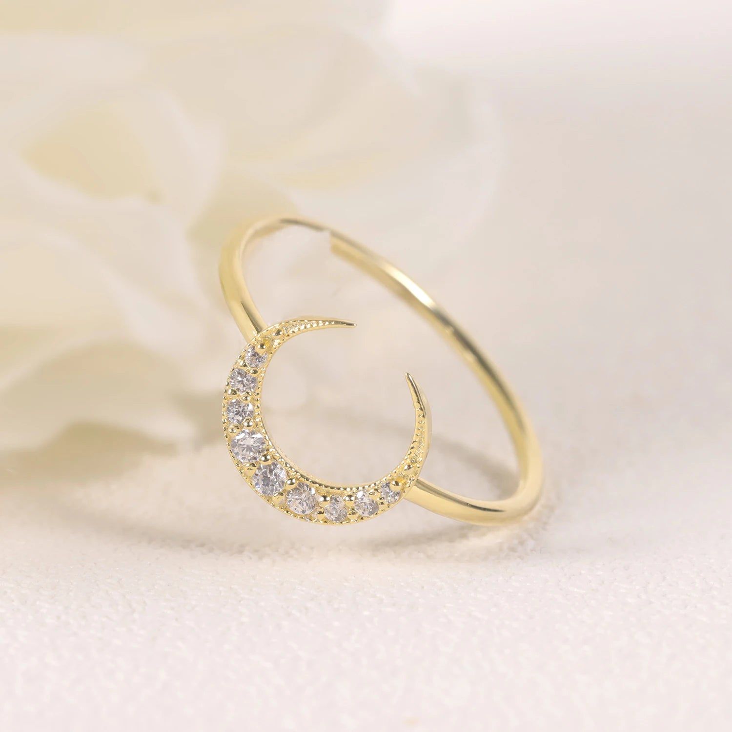 Crescent Moon Ring 14K Gold Plated Moissanite Ring for Her