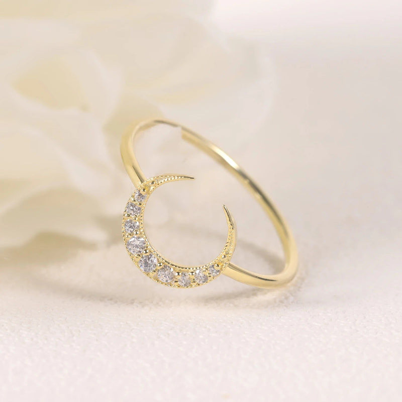 Crescent Moon Ring 14K Gold Plated Moissanite Ring for Her