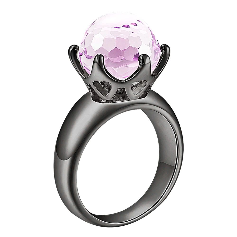 Crown-Style Football Cut Pink Zirconia Solitaire Ring in Gun Black Finish