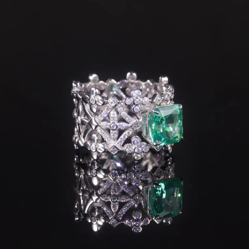 Cut 8mm Paraiba Green Crushed Ice Diamond Sterling Silver Ring