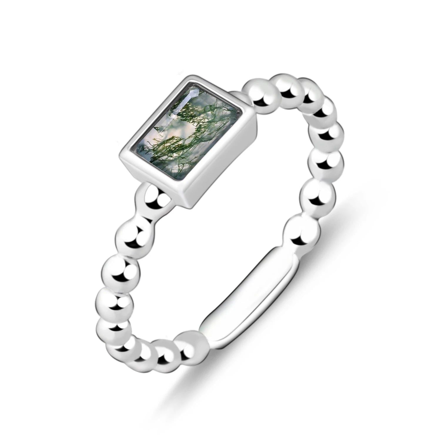 Dainty 0.53Ct Natural Moss Agate Gemstone Ring in 925 Sterling Silver Bead Band