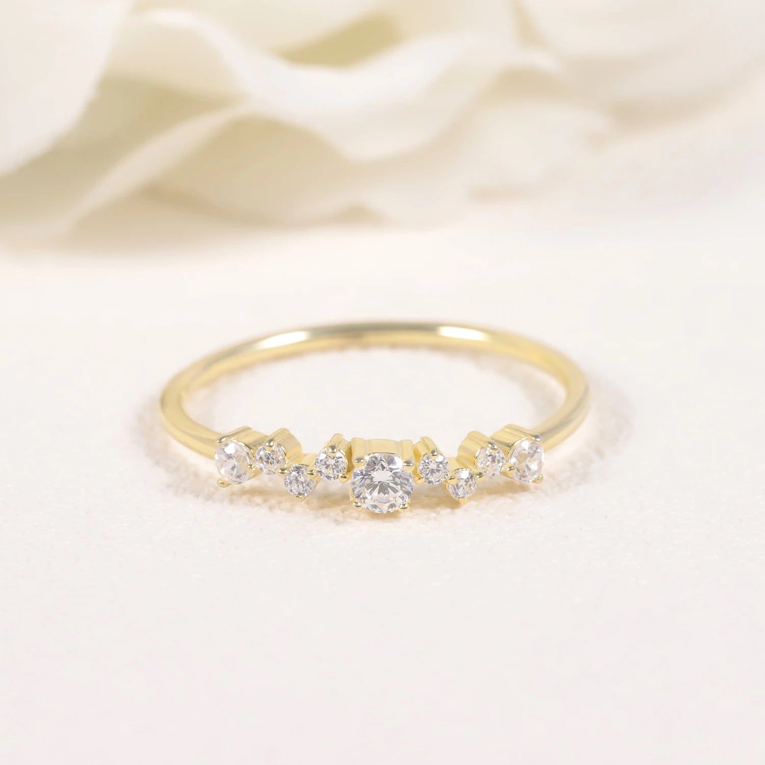 Delicate Round Colorless Moissanite Band Ring 14K Gold Plated