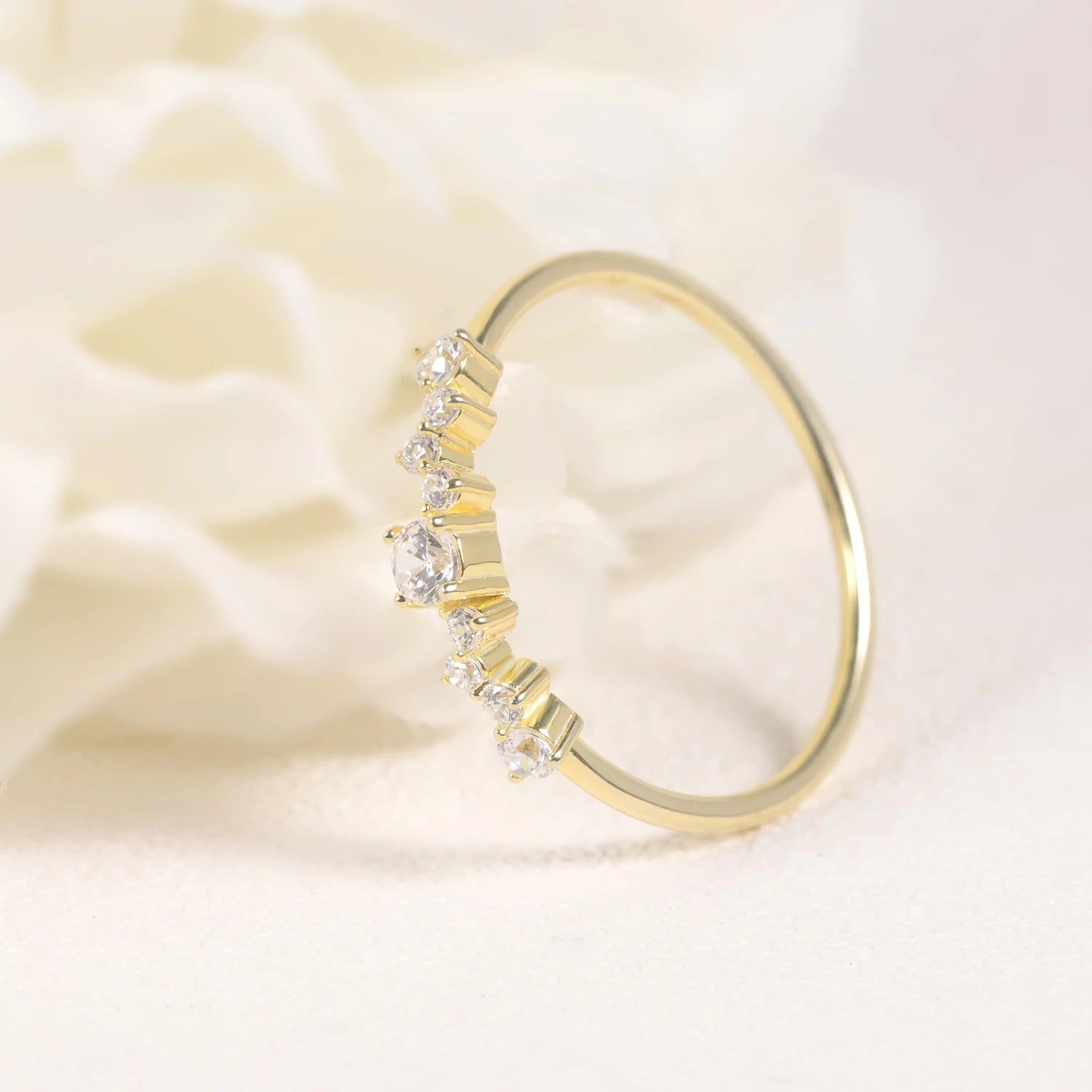 Delicate Round Colorless Moissanite Band Ring 14K Gold Plated