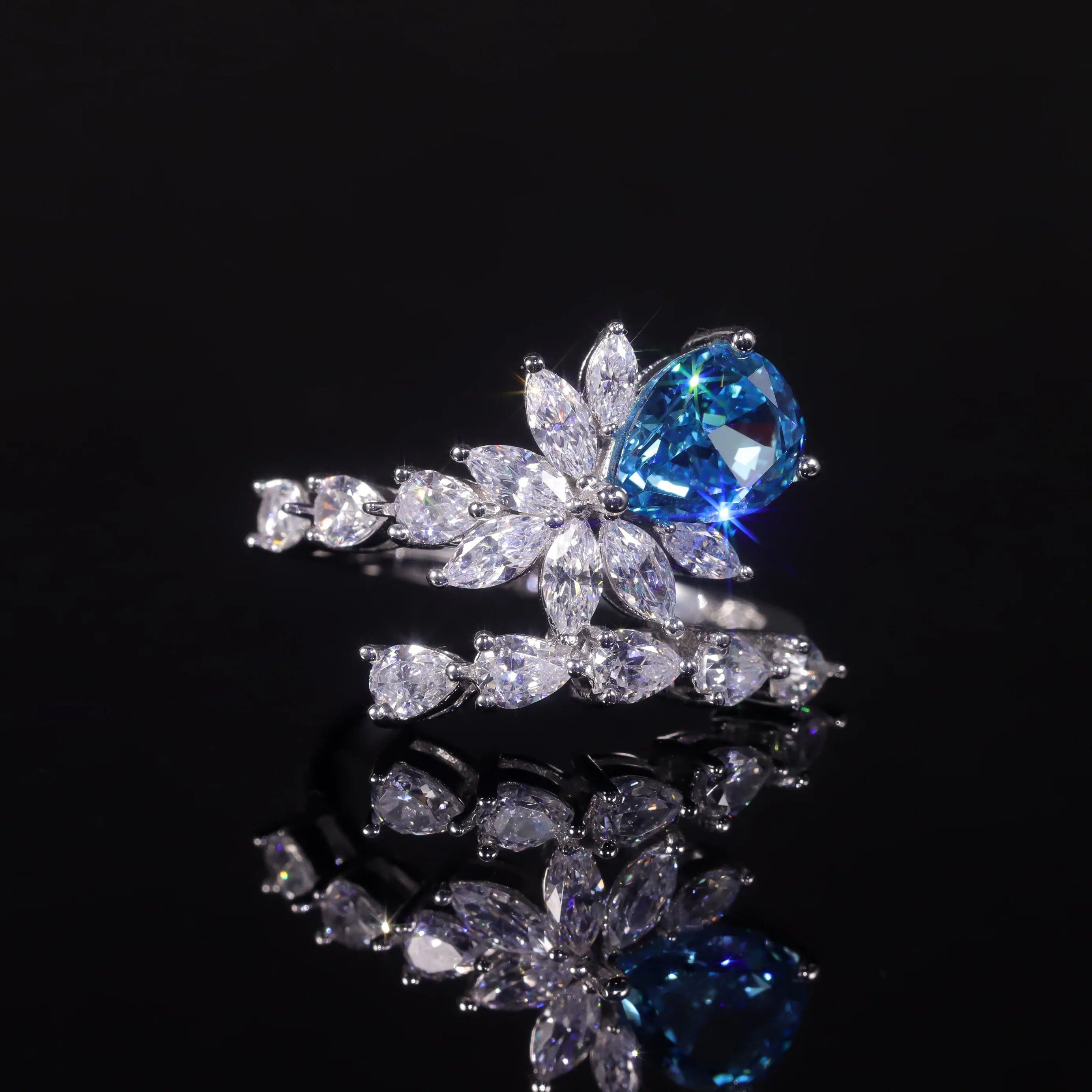 Diamond-Fire CZ Aqua Blue Pink Handmade Cocktail Ring