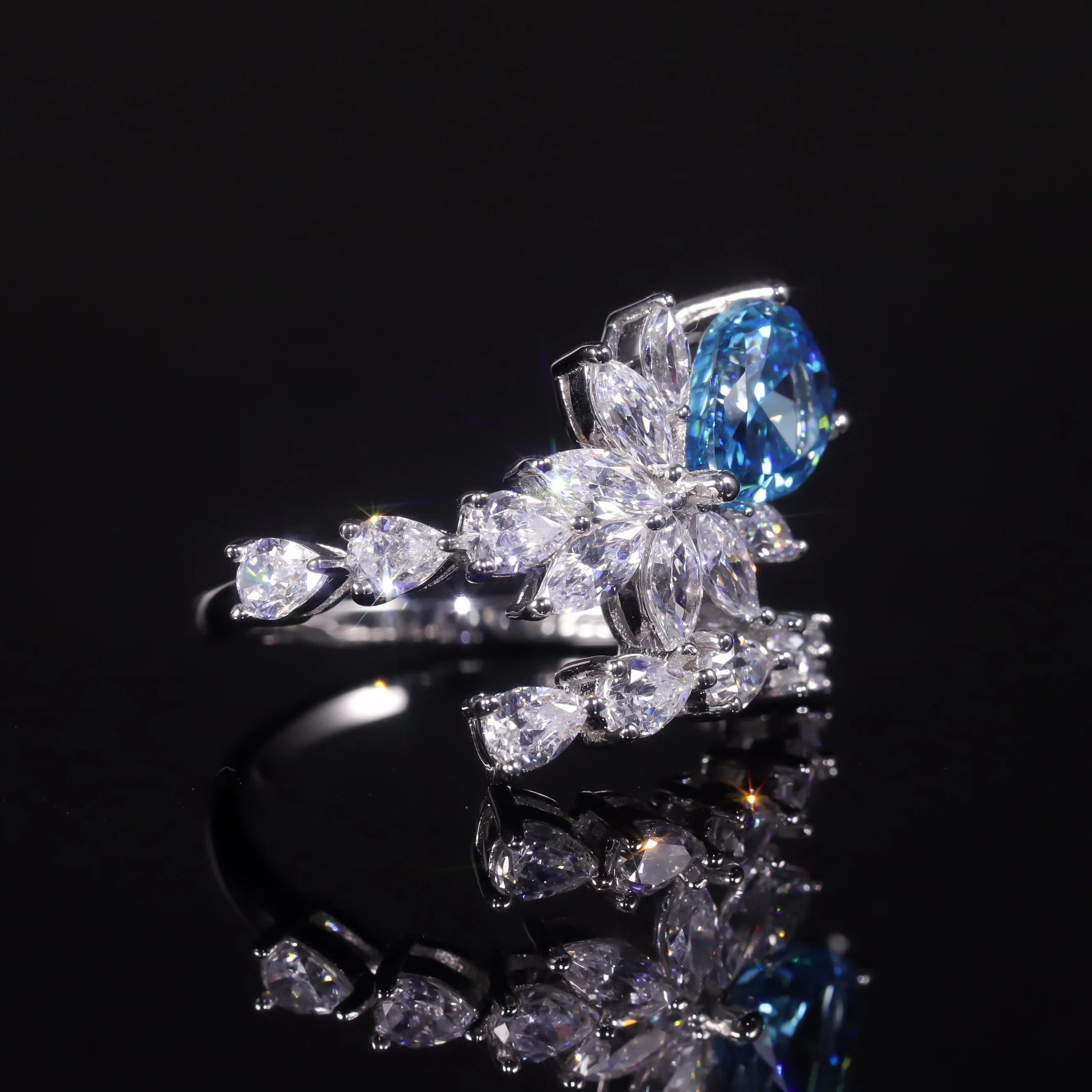 Diamond-Fire CZ Aqua Blue Pink Handmade Cocktail Ring