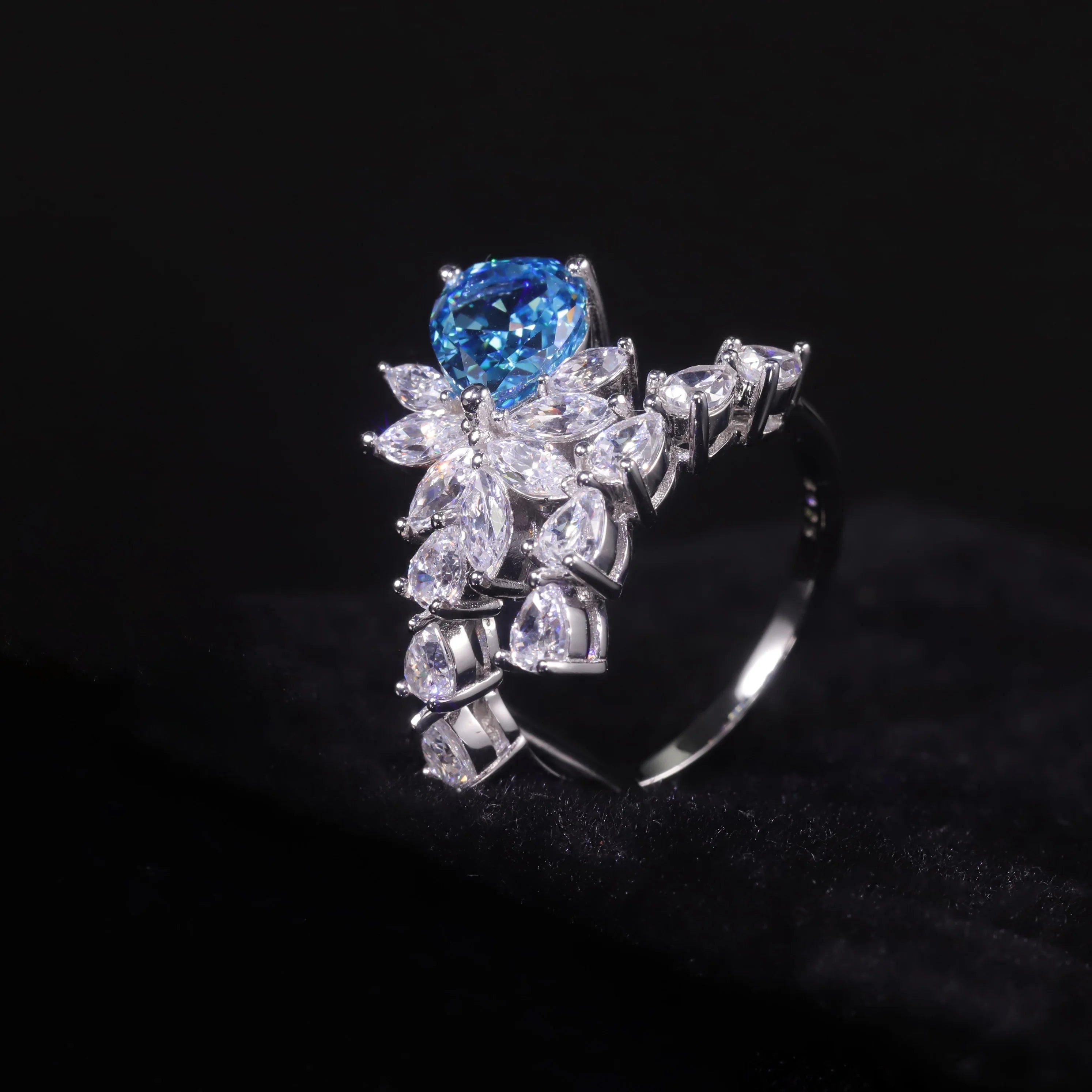 Diamond-Fire CZ Aqua Blue Pink Handmade Cocktail Ring