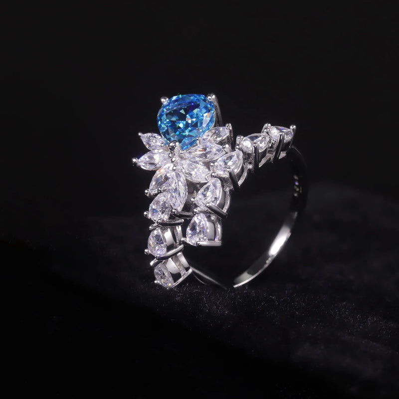 Diamond-Fire CZ Aqua Blue Pink Handmade Cocktail Ring