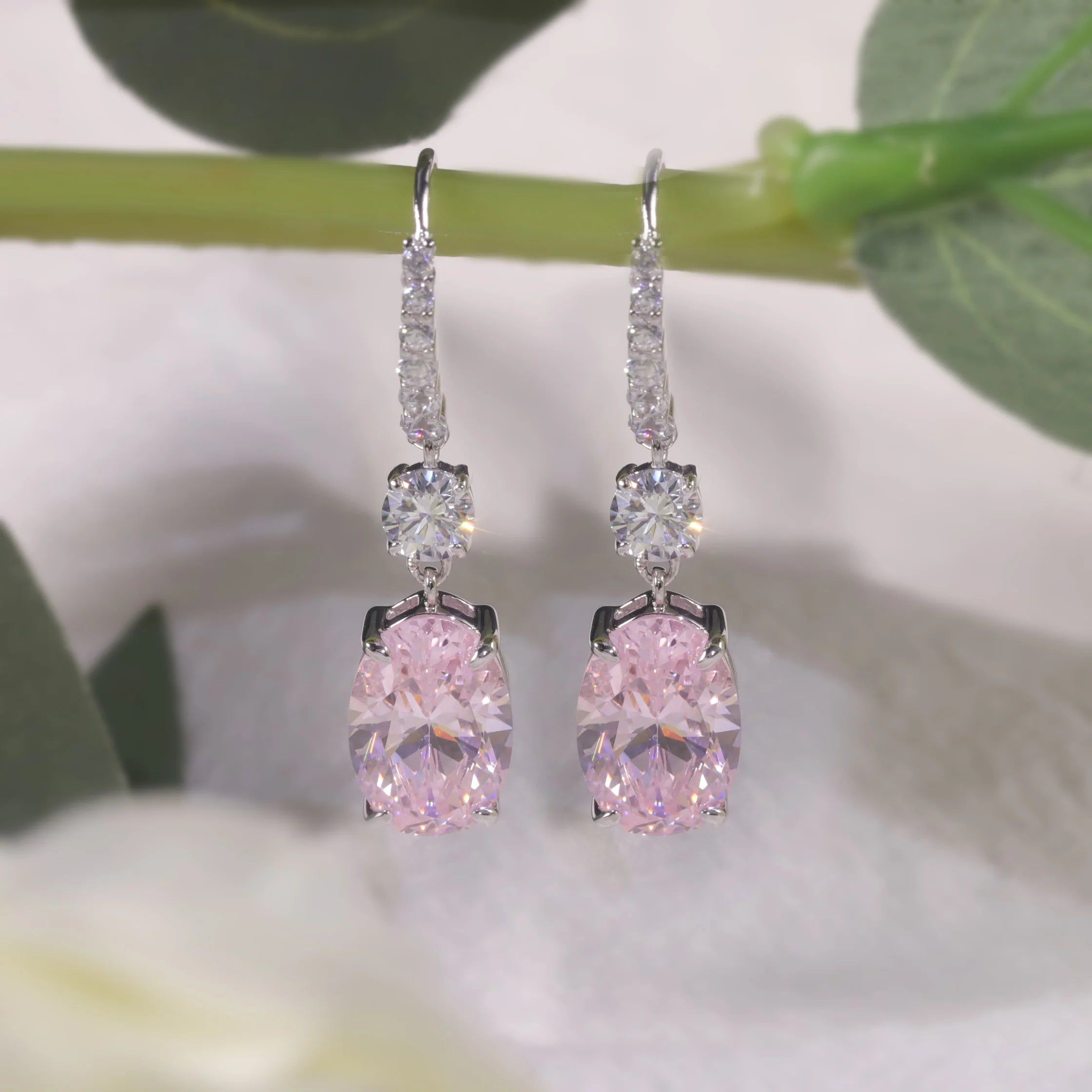 Diamond-Fire CZ Diamond Pink Earrings White Gold Plated