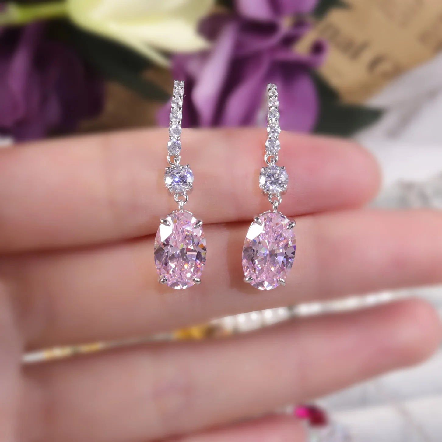 Diamond-Fire CZ Diamond Pink Earrings White Gold Plated