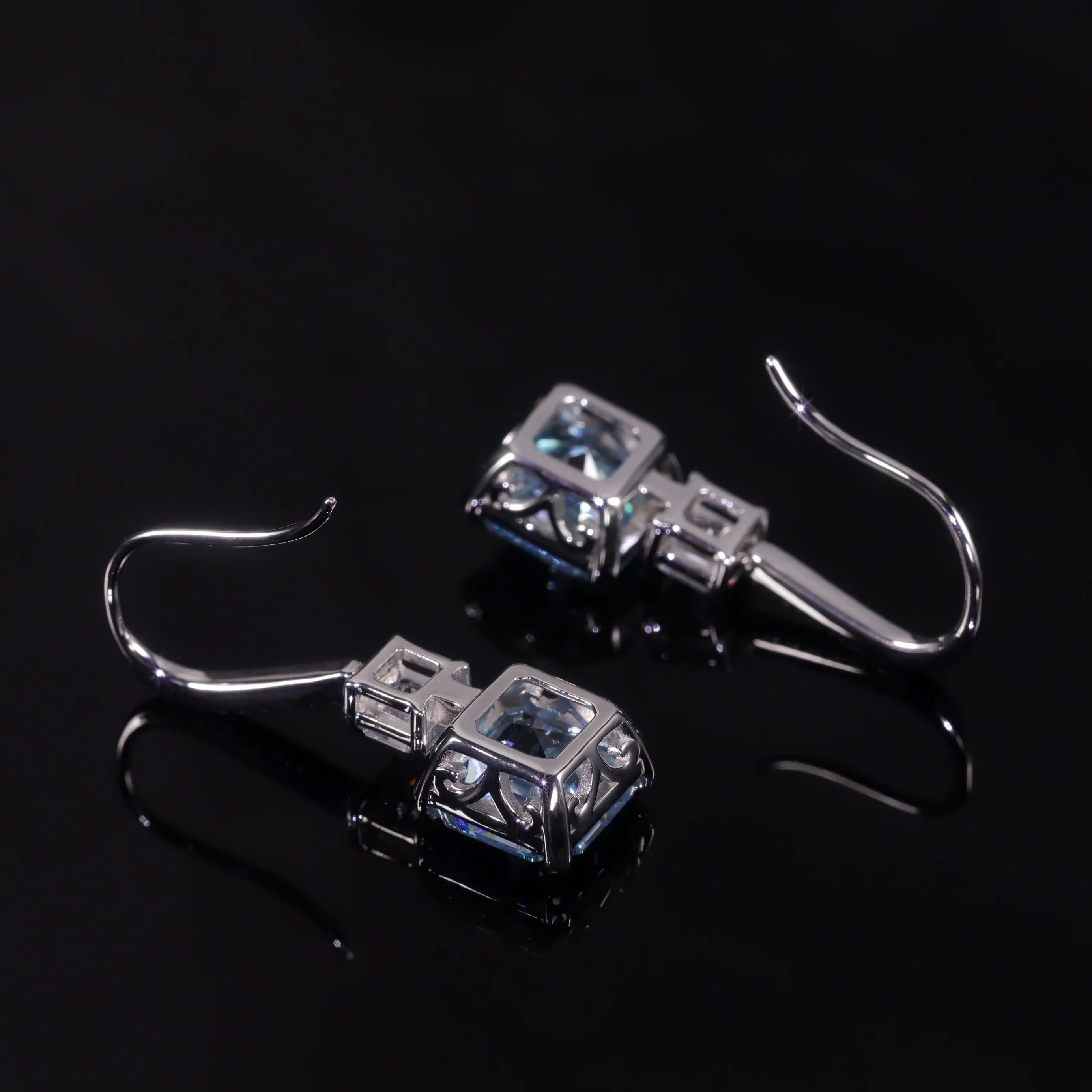 Diamond-Fire CZ-Light Aqua Blue Earrings White Gold Plated