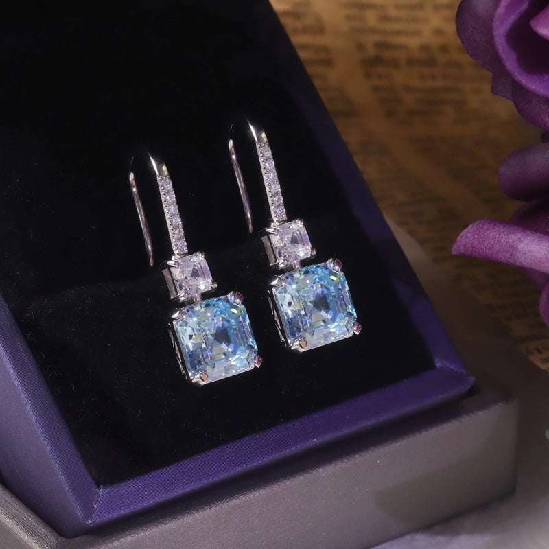 Diamond-Fire CZ-Light Aqua Blue Earrings White Gold Plated