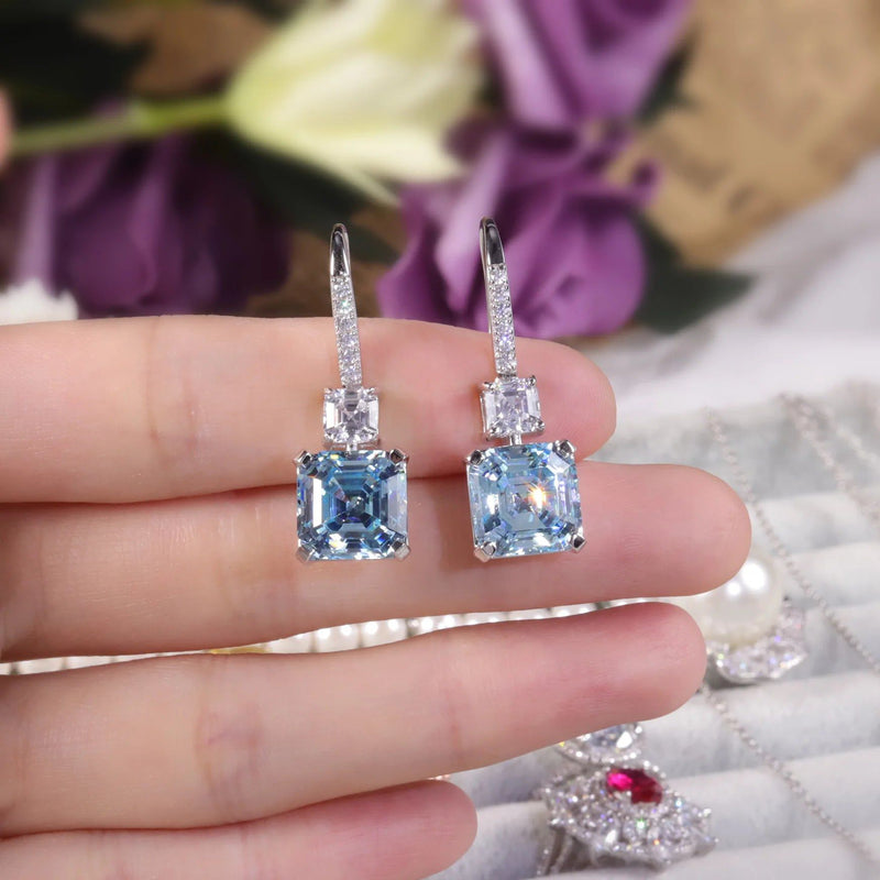 Diamond-Fire CZ-Light Aqua Blue Earrings White Gold Plated