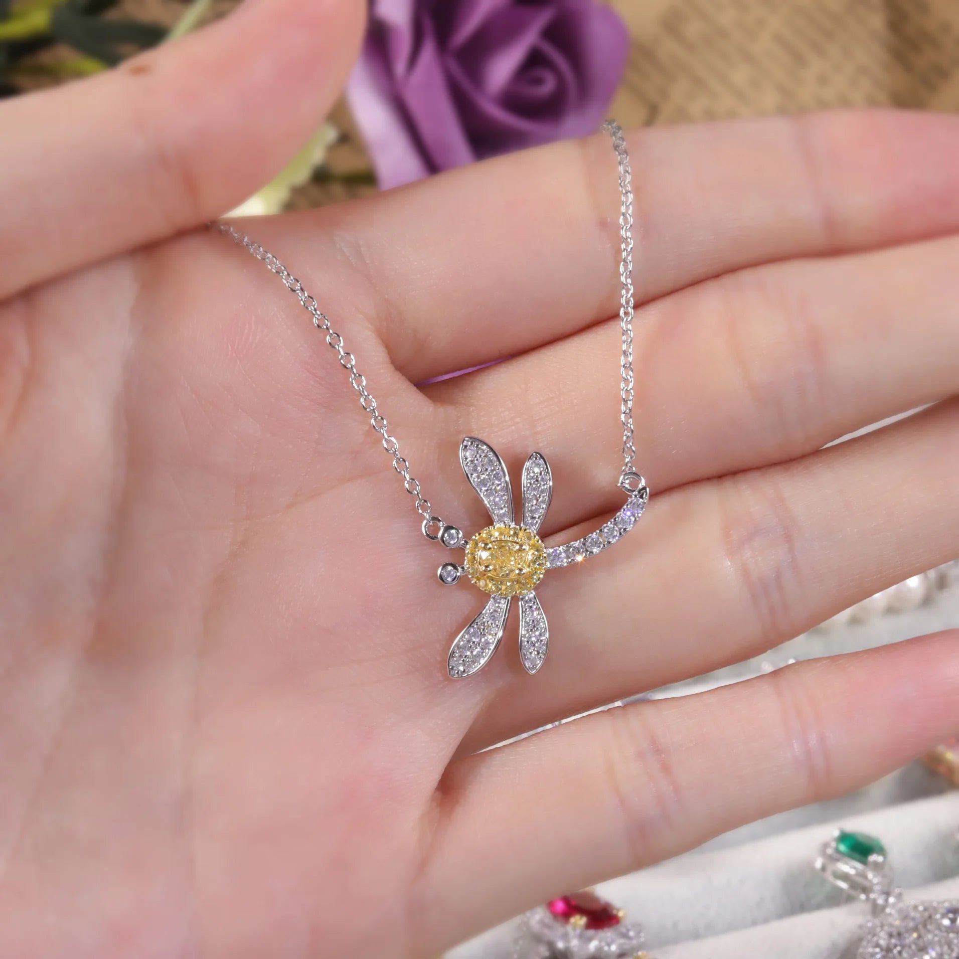 Diamond-fire CZ Fancy Light Yellow Dragonfly Necklace For Her