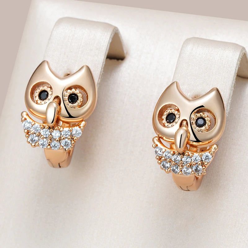 Dignified 585 Rose Gold Owl Drop Earrings with Natural Zircon for Trendy Accessories