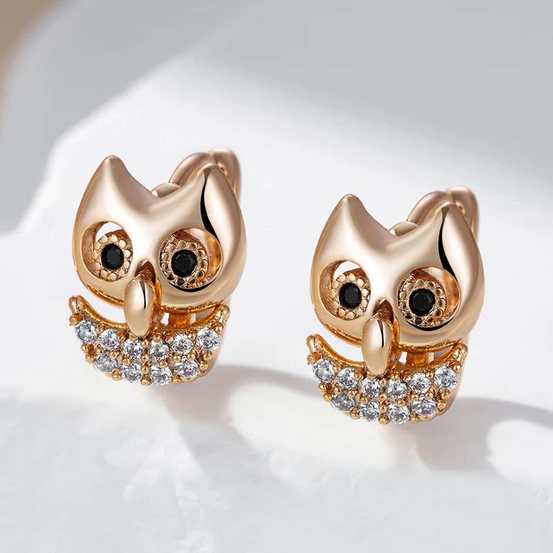 Dignified 585 Rose Gold Owl Drop Earrings with Natural Zircon for Trendy Accessories