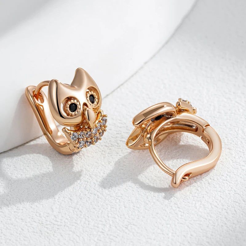 Dignified 585 Rose Gold Owl Drop Earrings with Natural Zircon for Trendy Accessories