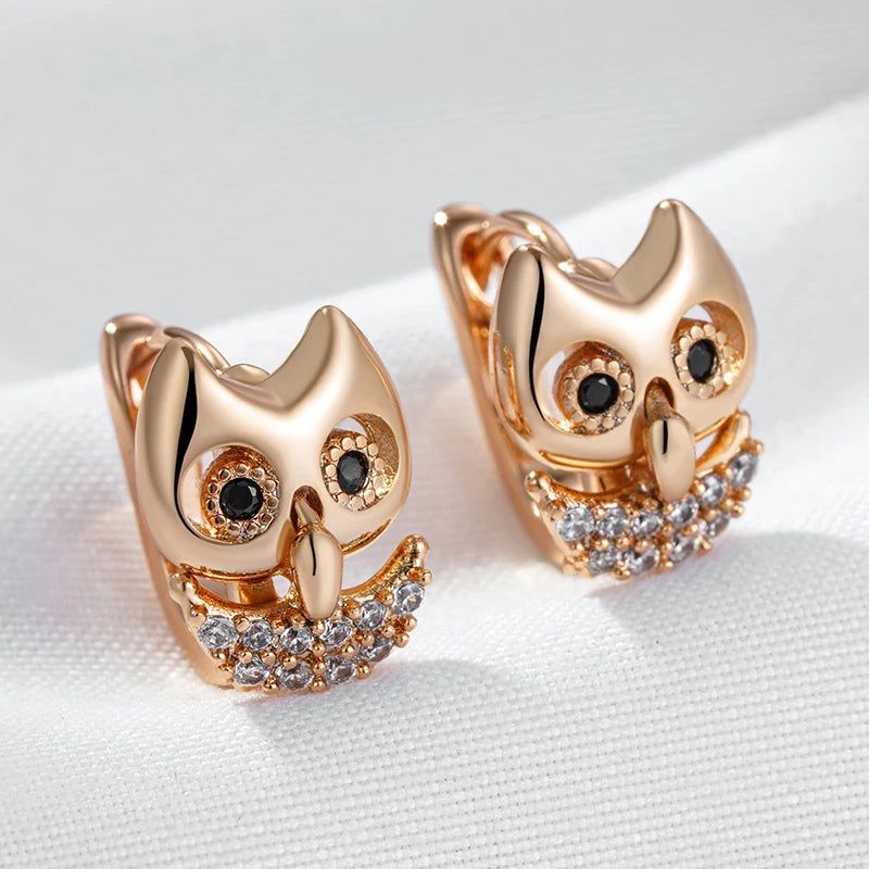 Dignified 585 Rose Gold Owl Drop Earrings with Natural Zircon for Trendy Accessories