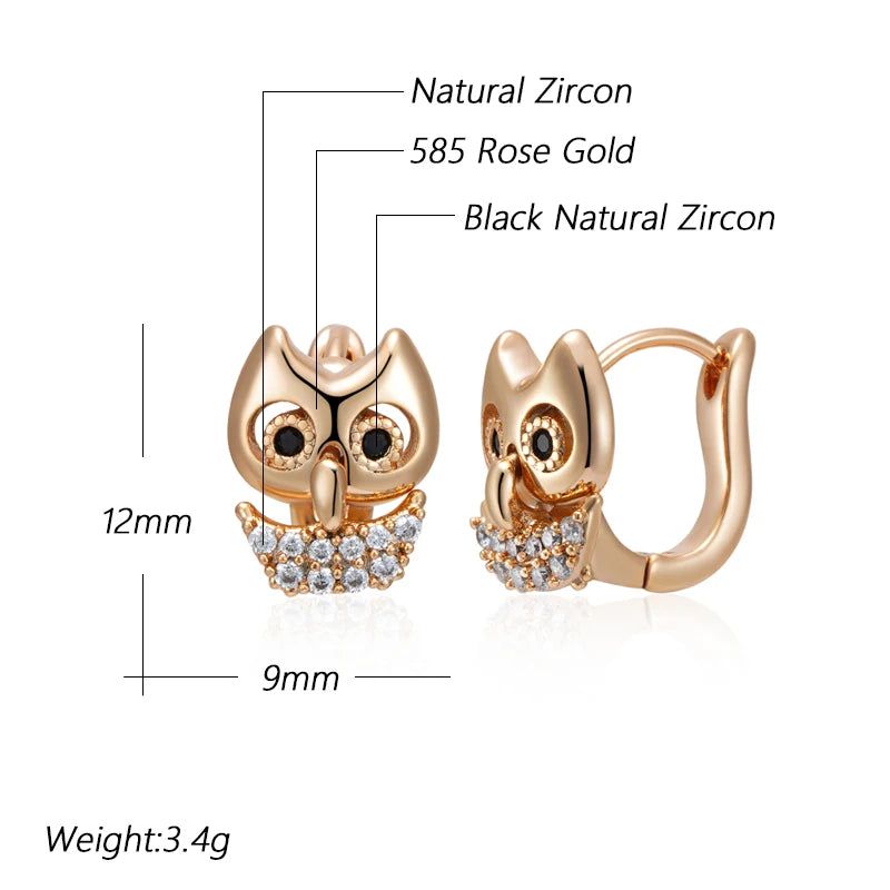 Dignified 585 Rose Gold Owl Drop Earrings with Natural Zircon for Trendy Accessories