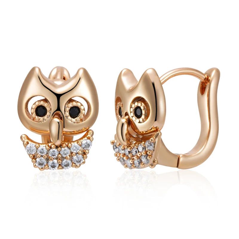 Dignified 585 Rose Gold Owl Drop Earrings with Natural Zircon for Trendy Accessories