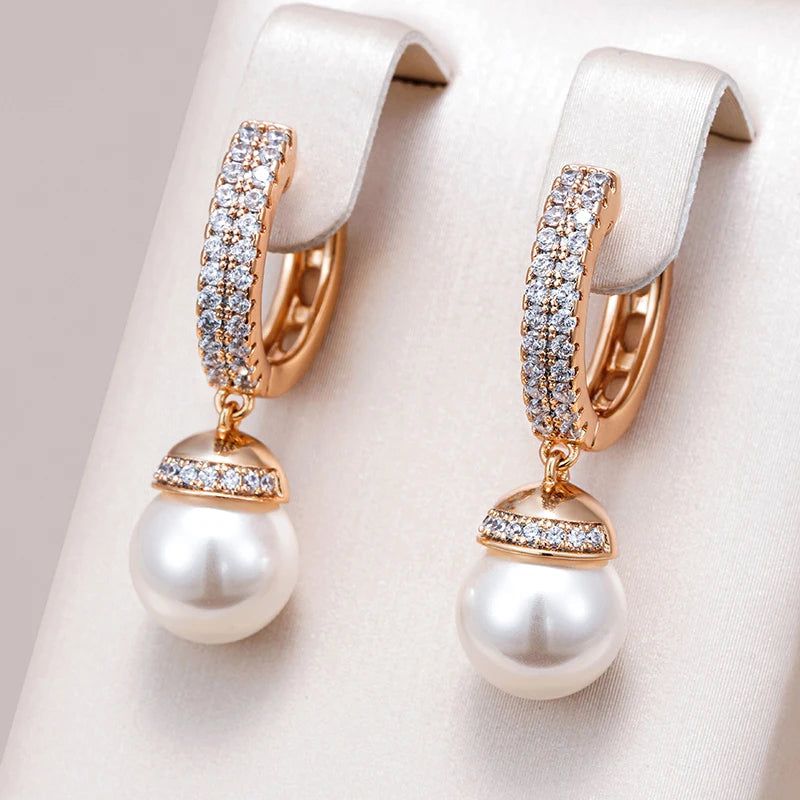 Dignified 585 Rose Gold Pearl Drop Earrings with Natural Zircon Accents for Bridal and Special Occasions