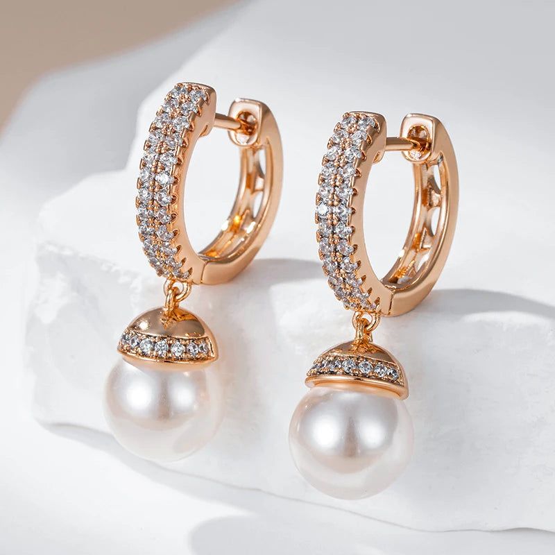 Dignified 585 Rose Gold Pearl Drop Earrings with Natural Zircon Accents for Bridal and Special Occasions