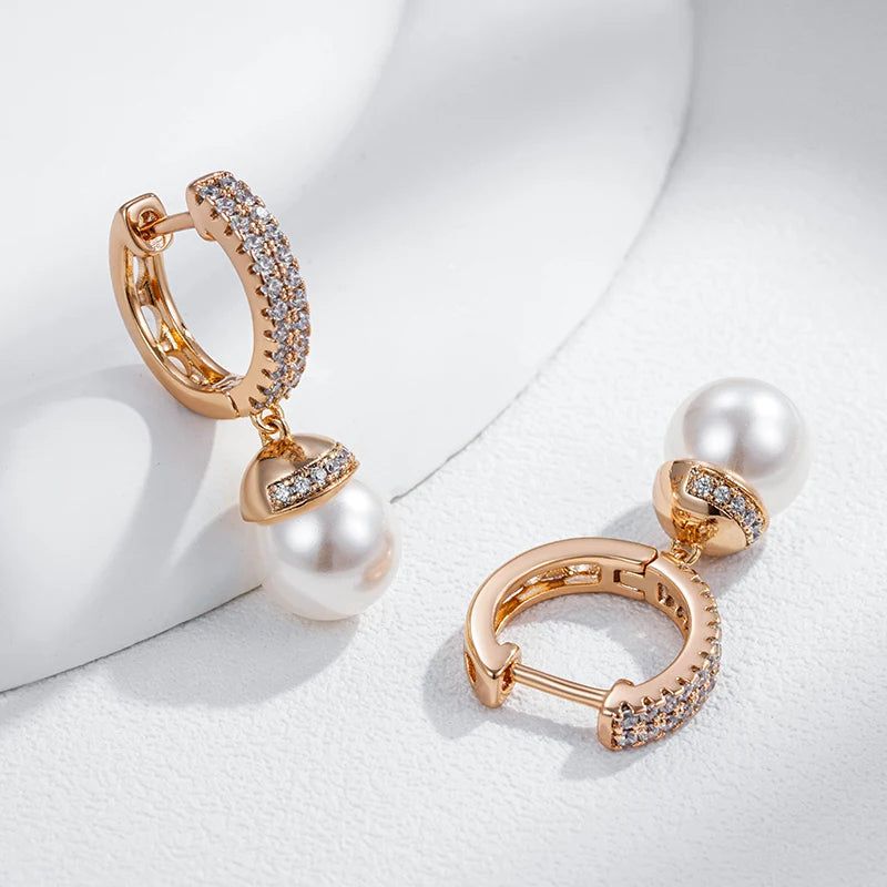 Dignified 585 Rose Gold Pearl Drop Earrings with Natural Zircon Accents for Bridal and Special Occasions