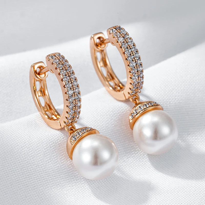 Dignified 585 Rose Gold Pearl Drop Earrings with Natural Zircon Accents for Bridal and Special Occasions