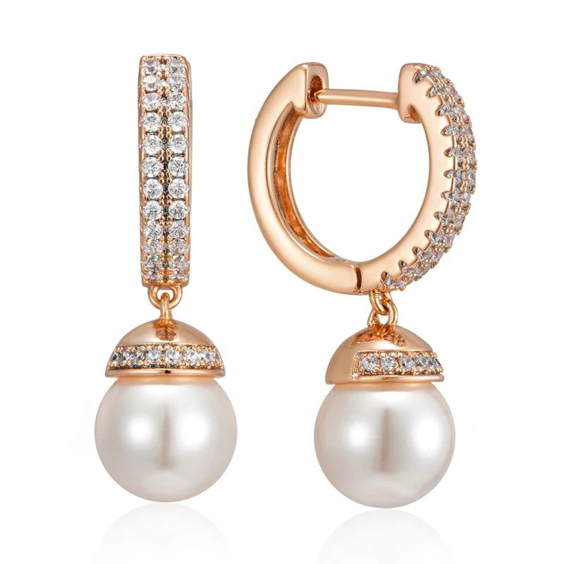 Dignified 585 Rose Gold Pearl Drop Earrings with Natural Zircon Accents for Bridal and Special Occasions