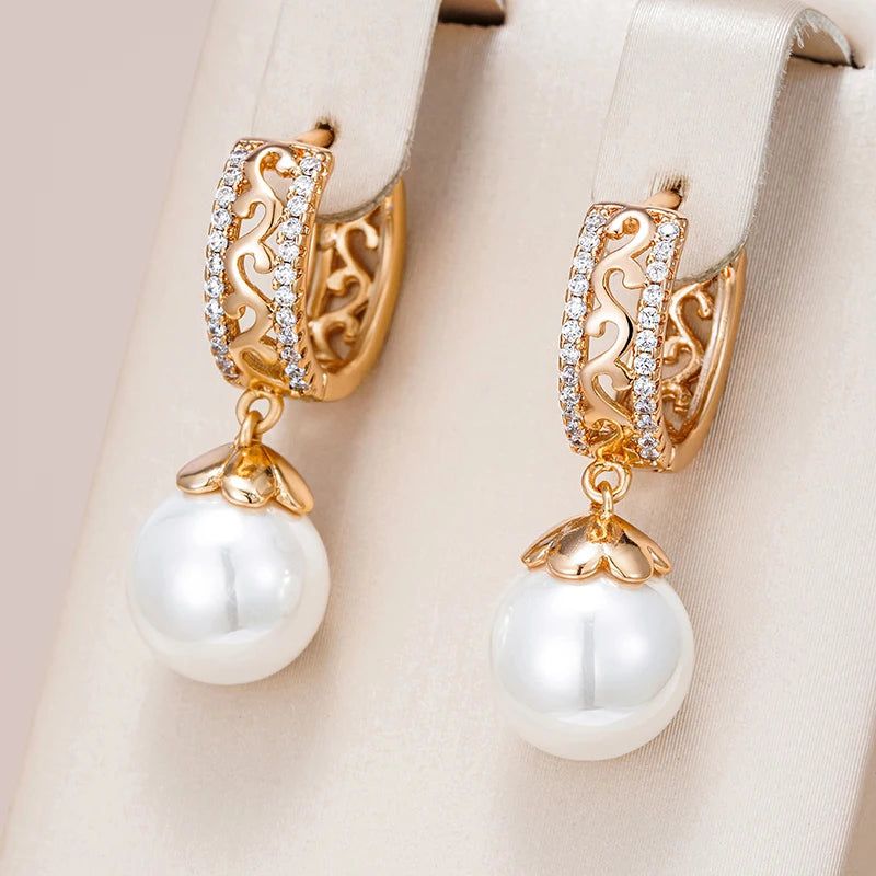 Dignified 585 Rose Gold Pearl Drop Earrings with Unique Hollow Design and Natural Zircon for Bridal Glamour