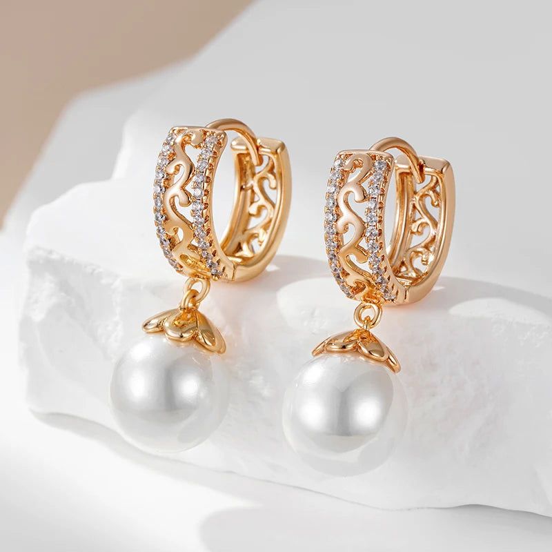 Dignified 585 Rose Gold Pearl Drop Earrings with Unique Hollow Design and Natural Zircon for Bridal Glamour